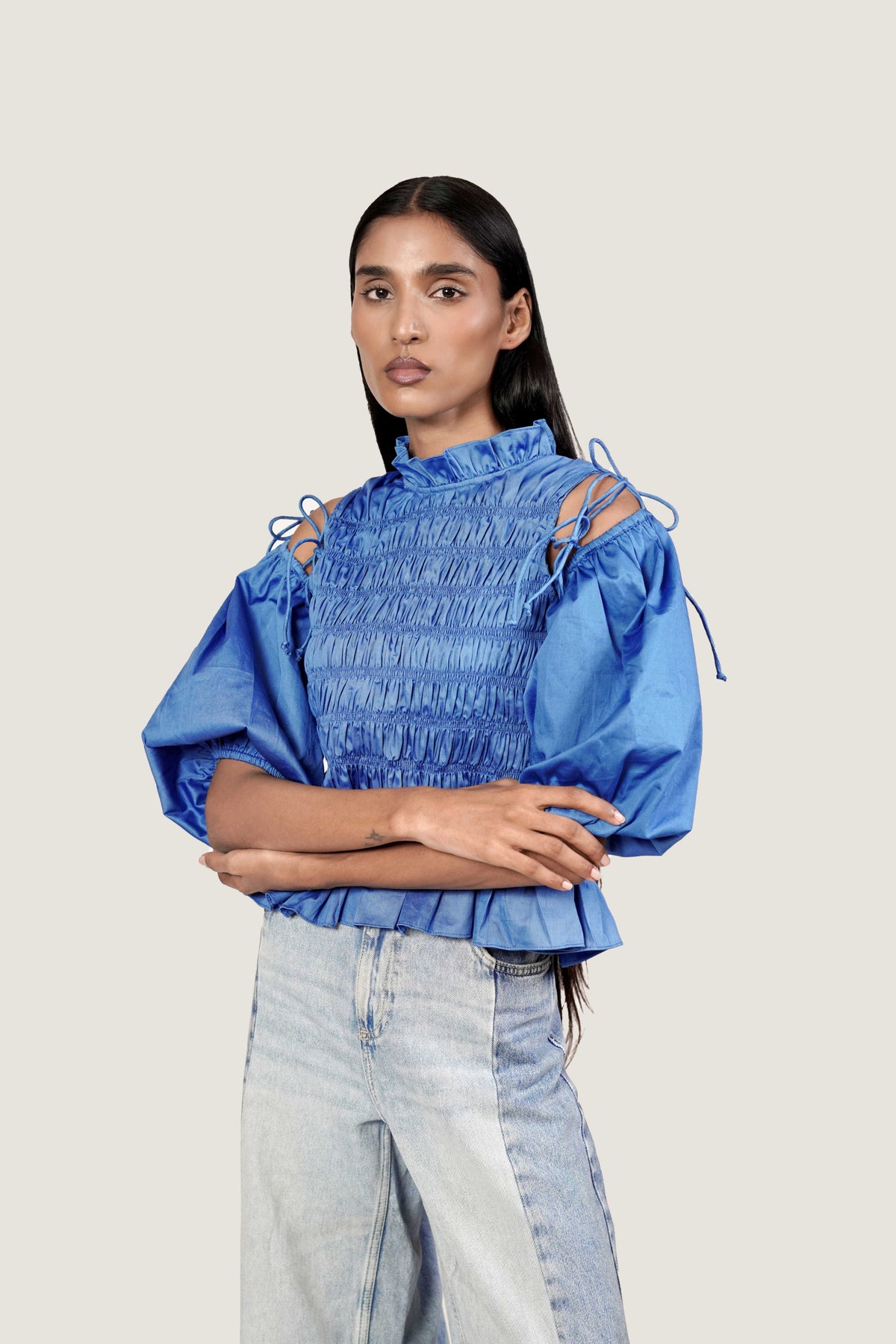 SMOCKED DETAIL PEPLUM TOP