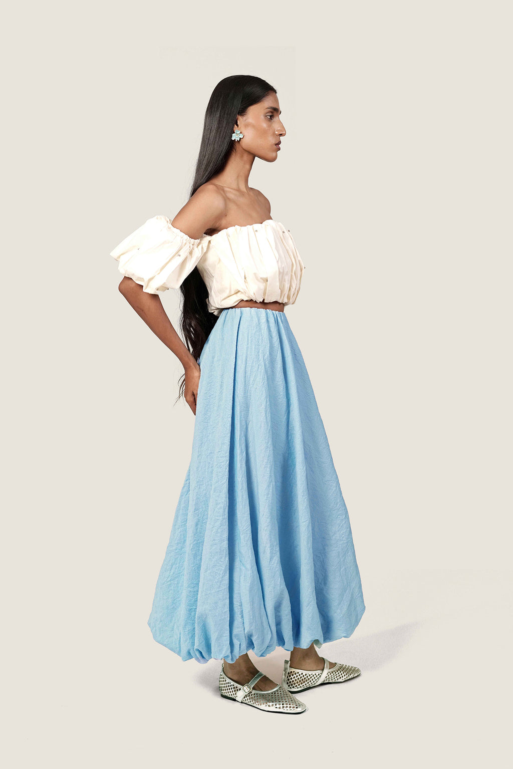 IVORY STUDDED BALLOON TOP WITH BALLOON SKIRT CORD SET