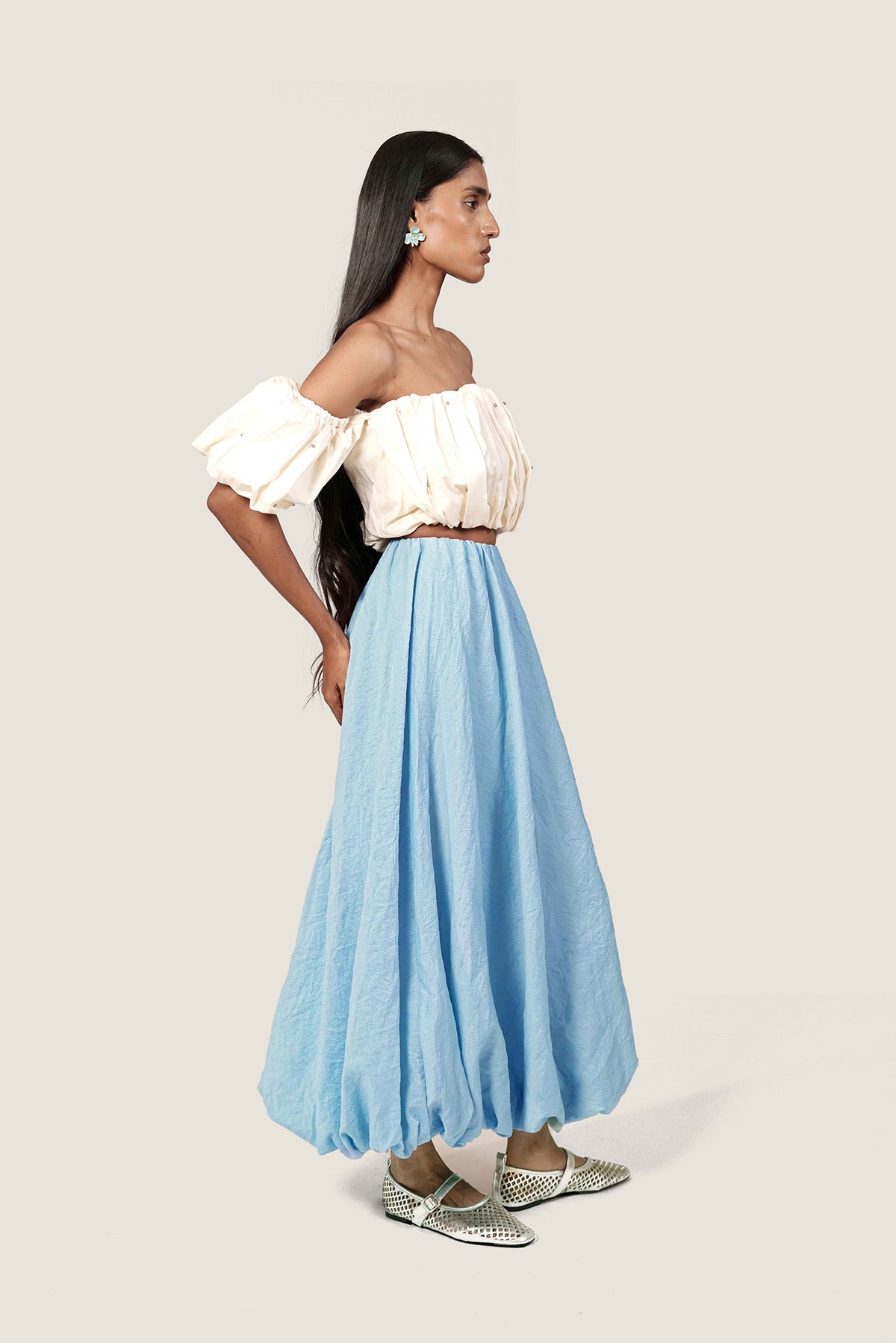 IVORY STUDDED BALLOON TOP WITH BALLOON SKIRT CORD SET