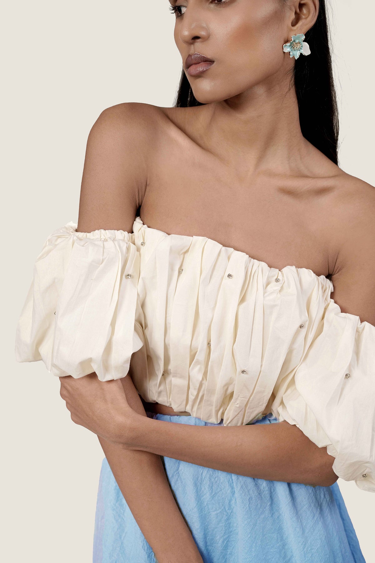 IVORY STUDDED BALLOON TOP WITH BALLOON SKIRT CORD SET