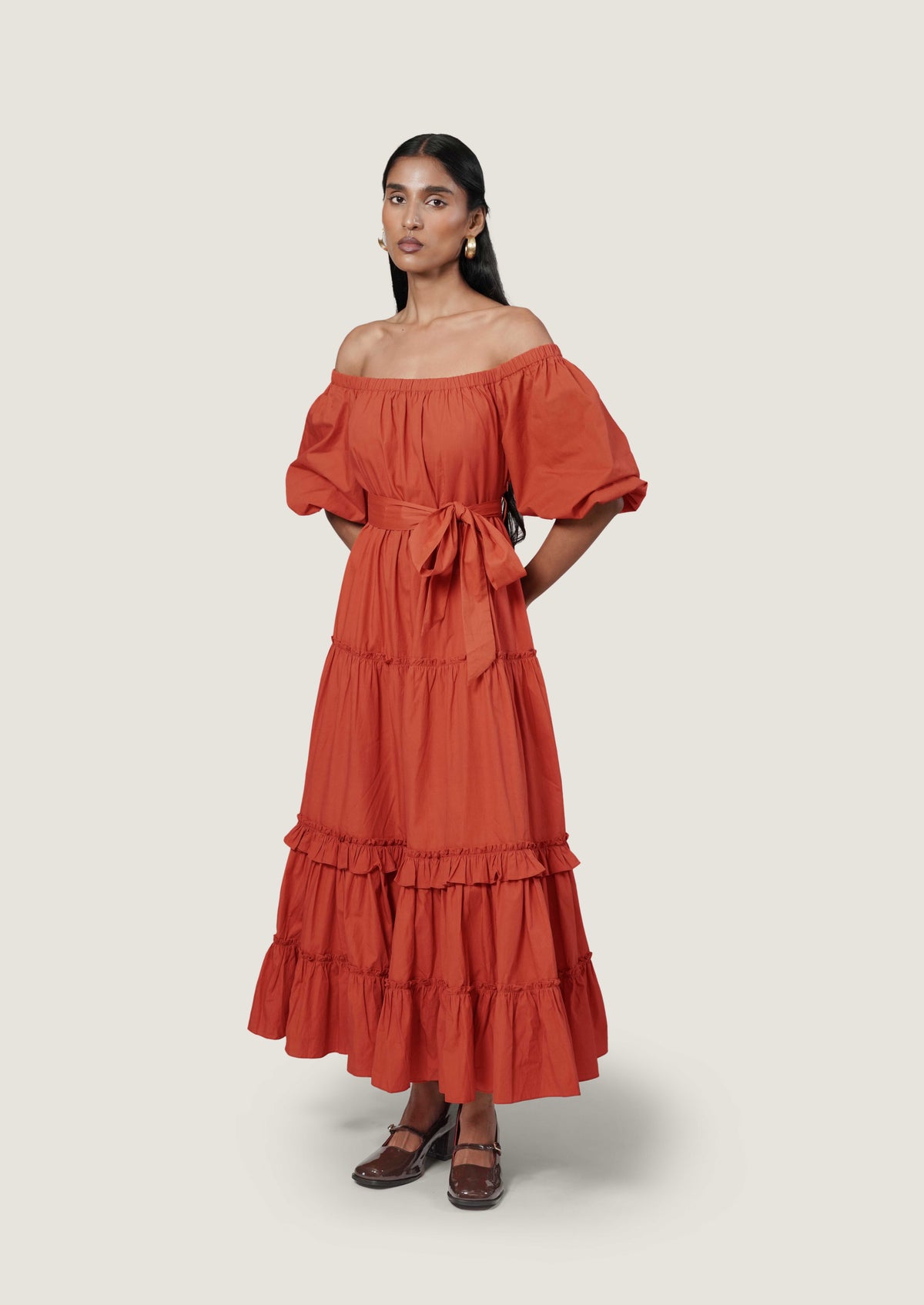 LAYERED OFF SHOULDER RUST DRESS