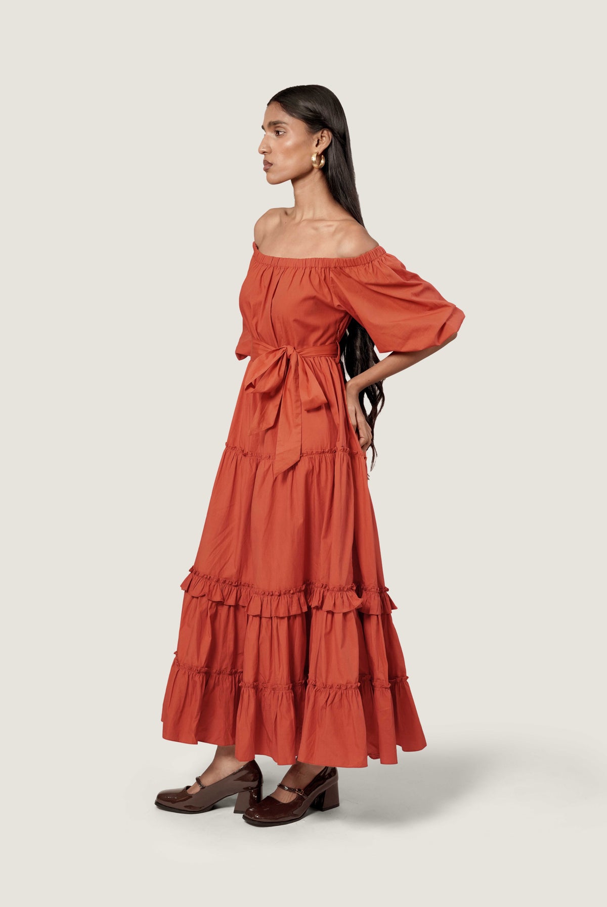LAYERED OFF SHOULDER RUST DRESS