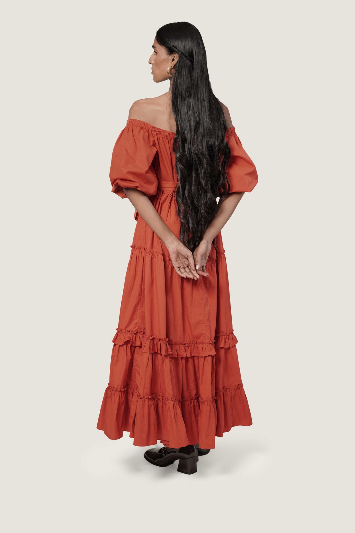 LAYERED OFF SHOULDER RUST DRESS