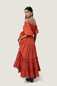 LAYERED OFF SHOULDER RUST DRESS
