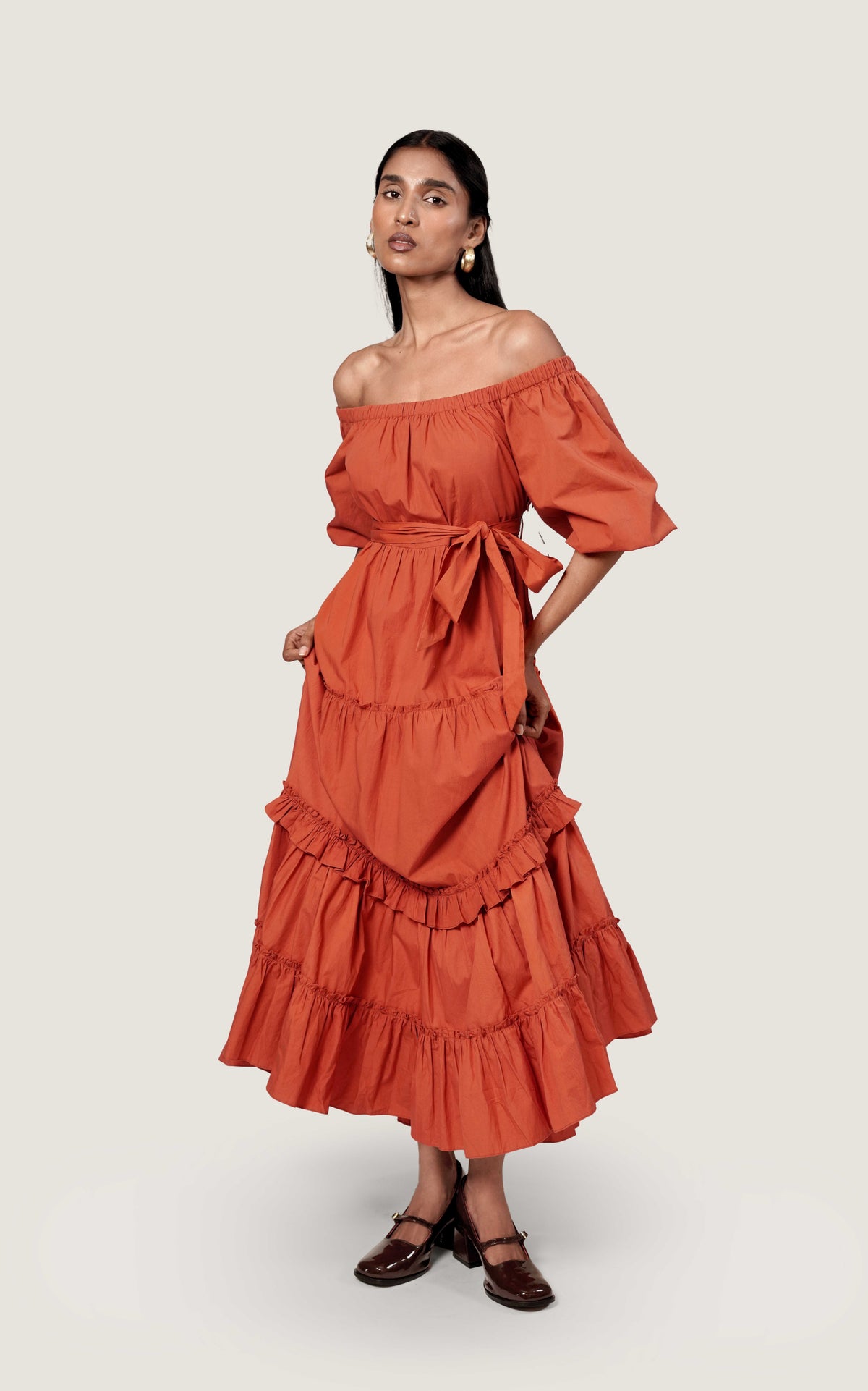 LAYERED OFF SHOULDER RUST DRESS