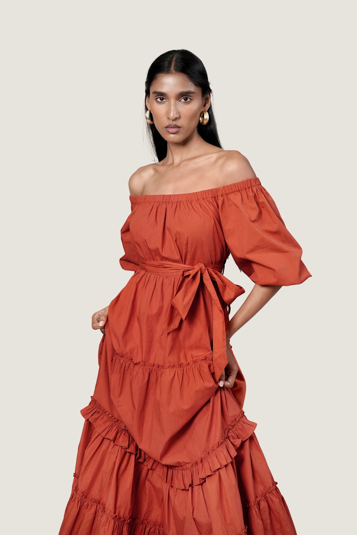 LAYERED OFF SHOULDER RUST DRESS