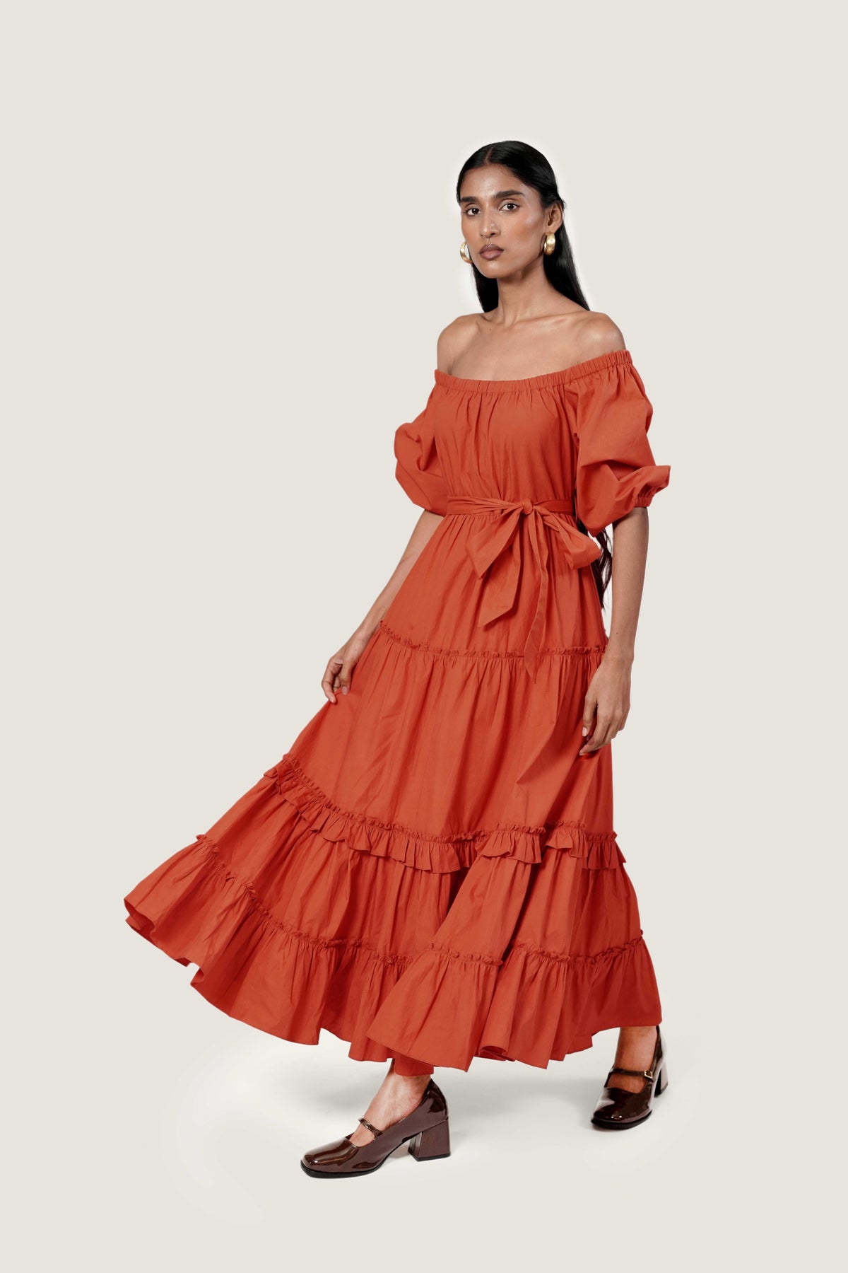 LAYERED OFF SHOULDER RUST DRESS