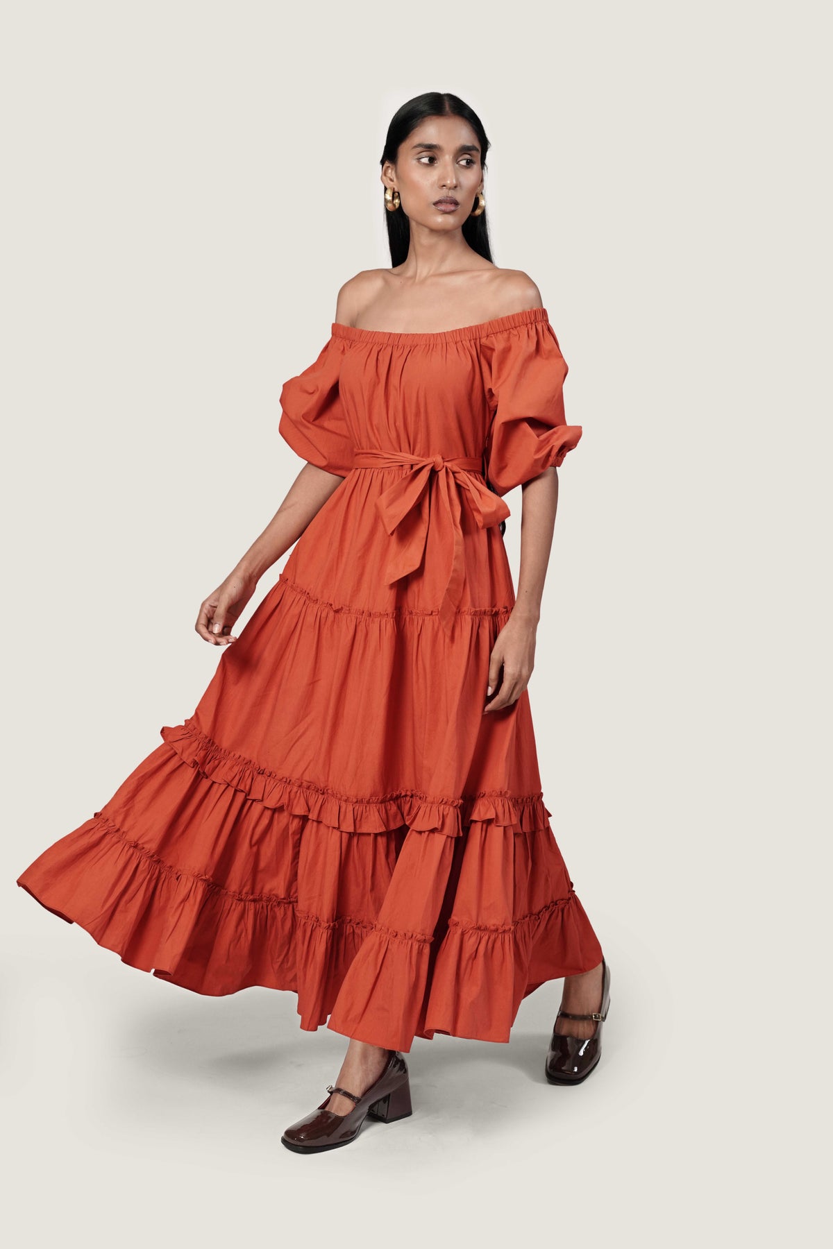 LAYERED OFF SHOULDER RUST DRESS