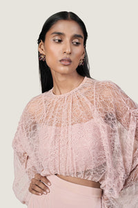 RUCHED SLEEVE LACE TOP