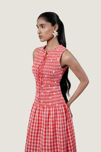 CHECKERED BODICE SMOCKING DRESS