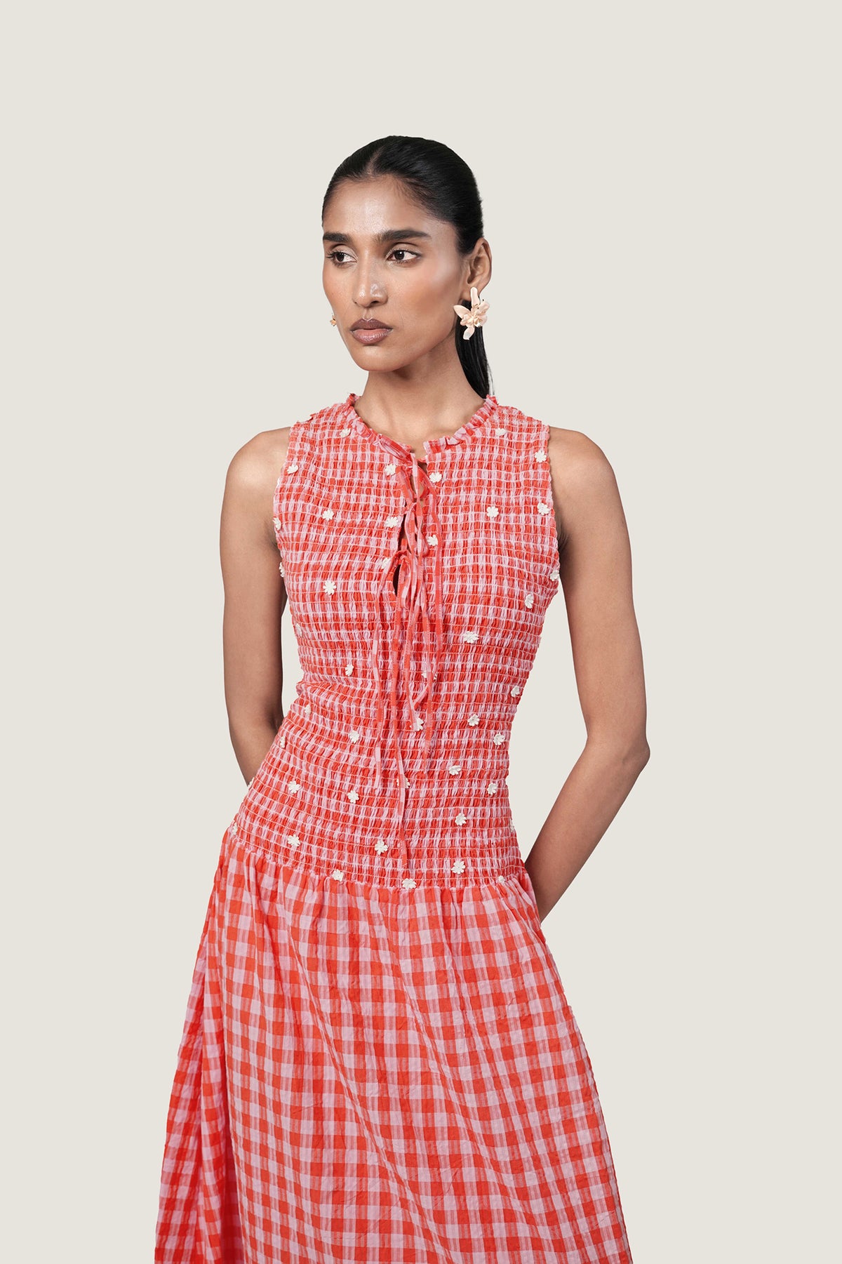 CHECKERED BODICE SMOCKING DRESS