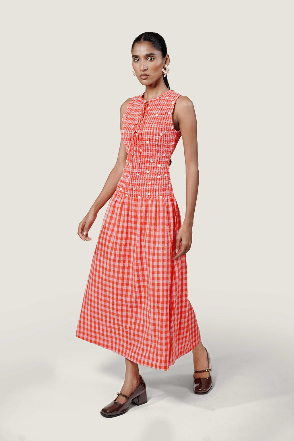 CHECKERED BODICE SMOCKING DRESS