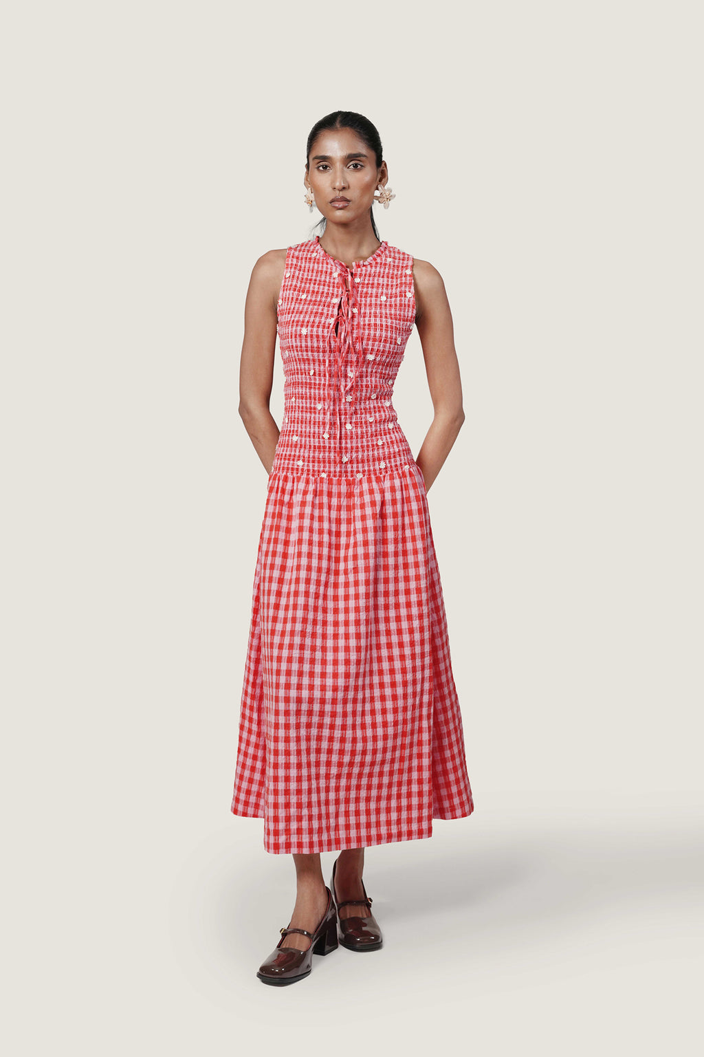 CHECKERED BODICE SMOCKING DRESS