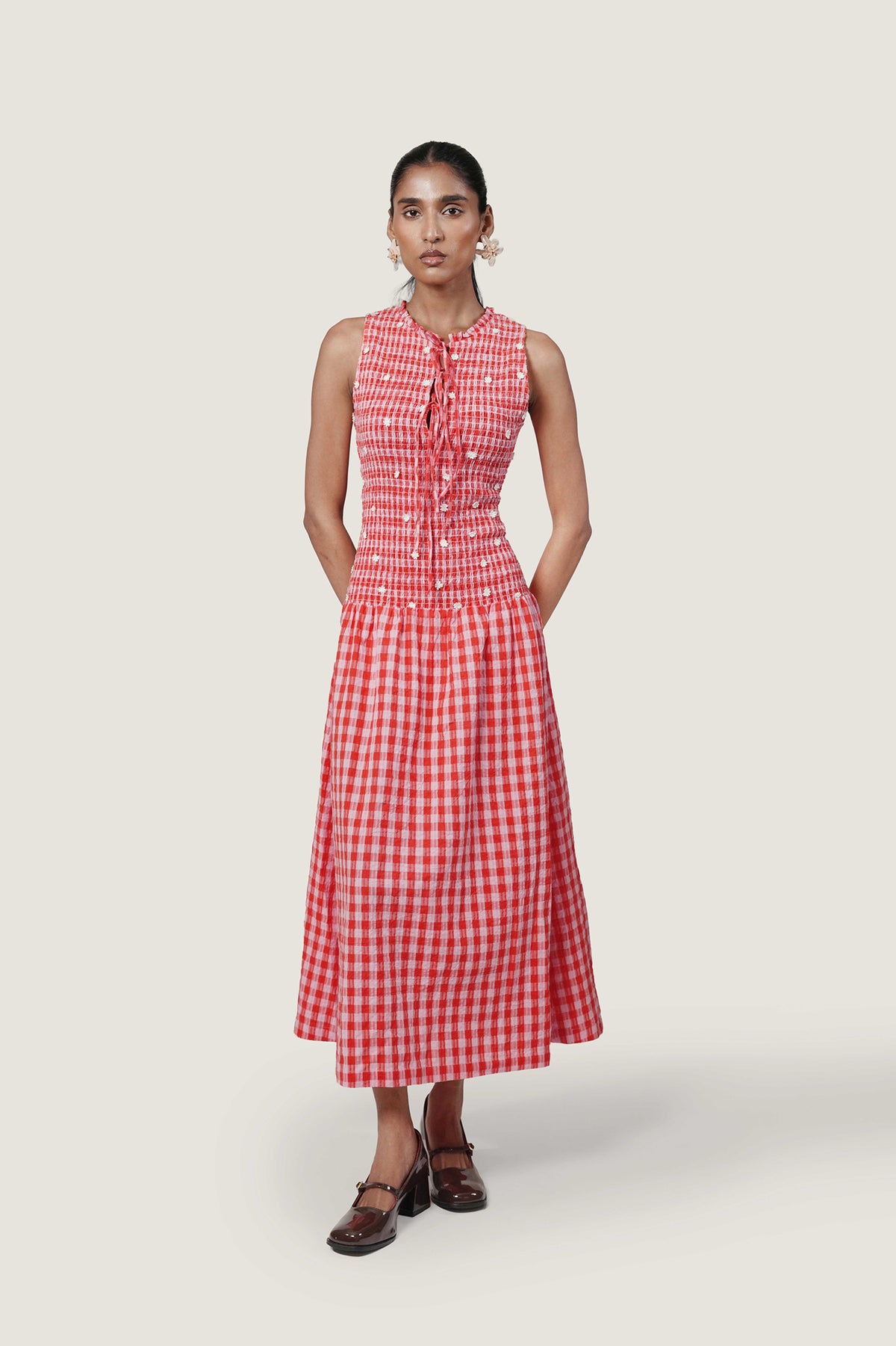 CHECKERED BODICE SMOCKING DRESS
