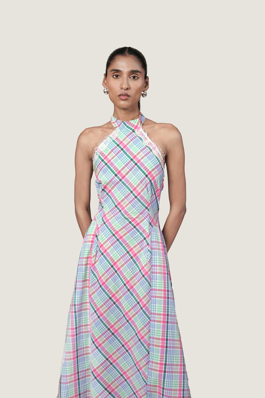 LACE TRIM HALTER NECK DRESS