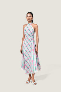 LACE TRIM HALTER NECK DRESS