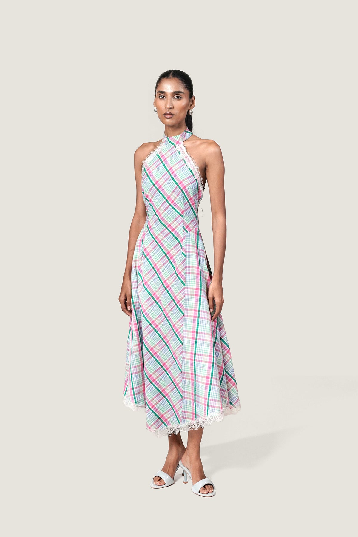 LACE TRIM HALTER NECK DRESS