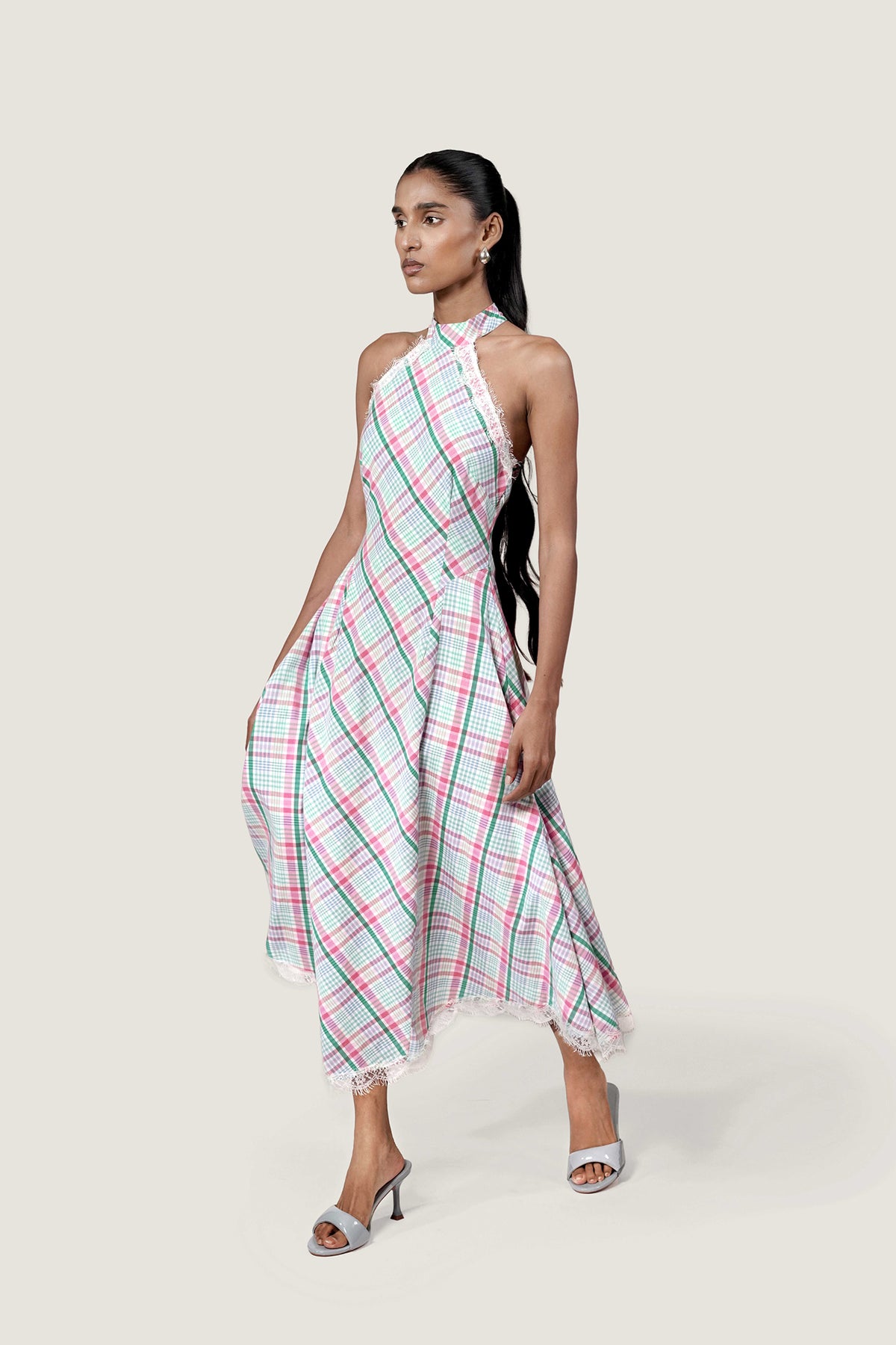 LACE TRIM HALTER NECK DRESS