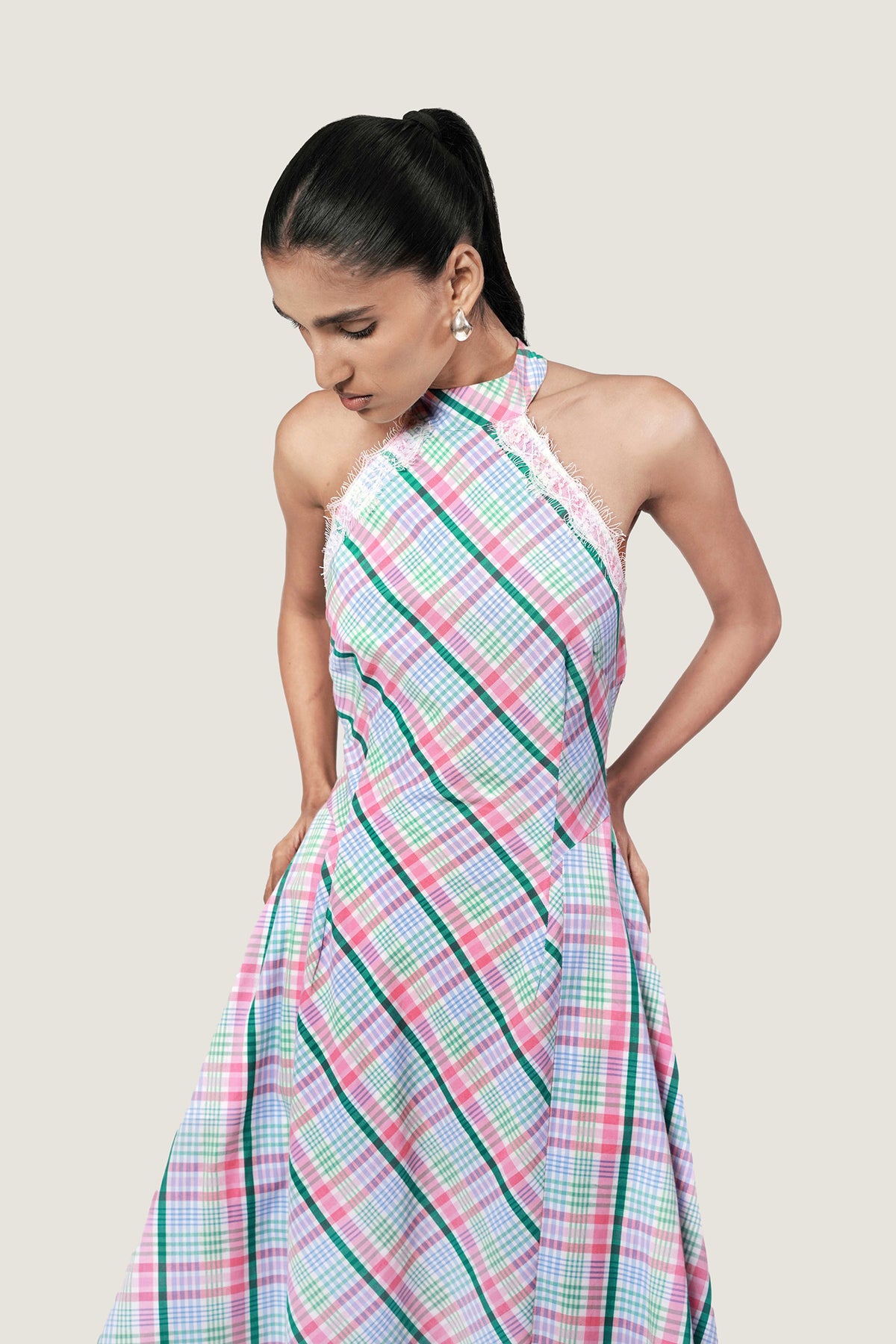 LACE TRIM HALTER NECK DRESS