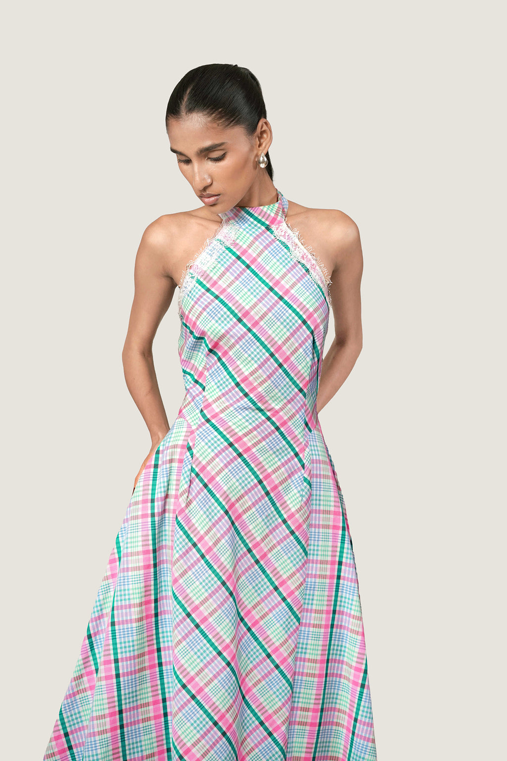 LACE TRIM HALTER NECK DRESS