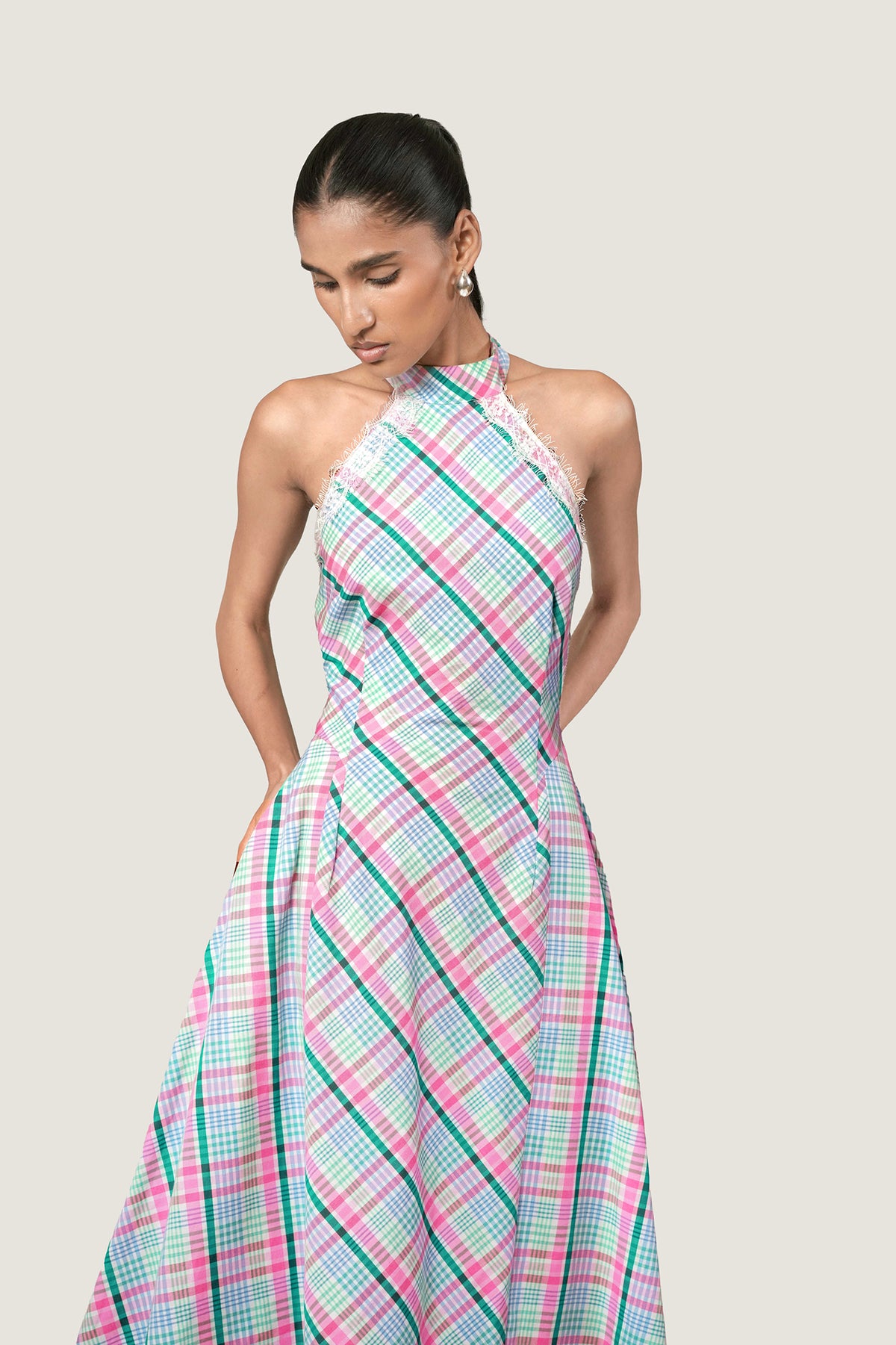 LACE TRIM HALTER NECK DRESS