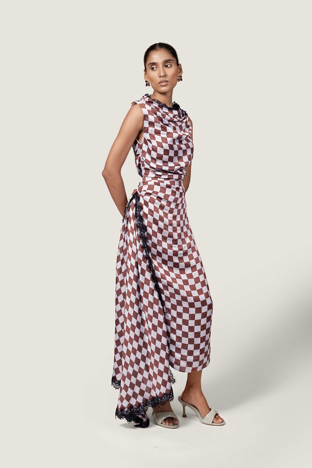LACE TRIM CHECKERED SATIN DRESS
