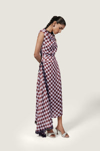 LACE TRIM CHECKERED SATIN DRESS