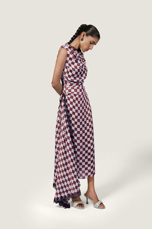 LACE TRIM CHECKERED SATIN DRESS