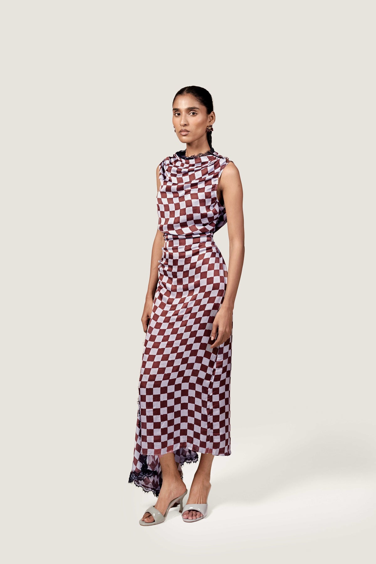 LACE TRIM CHECKERED SATIN DRESS