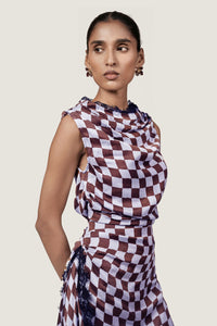 LACE TRIM CHECKERED SATIN DRESS