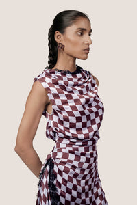 LACE TRIM CHECKERED SATIN DRESS