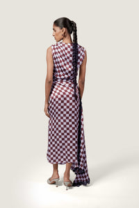 LACE TRIM CHECKERED SATIN DRESS