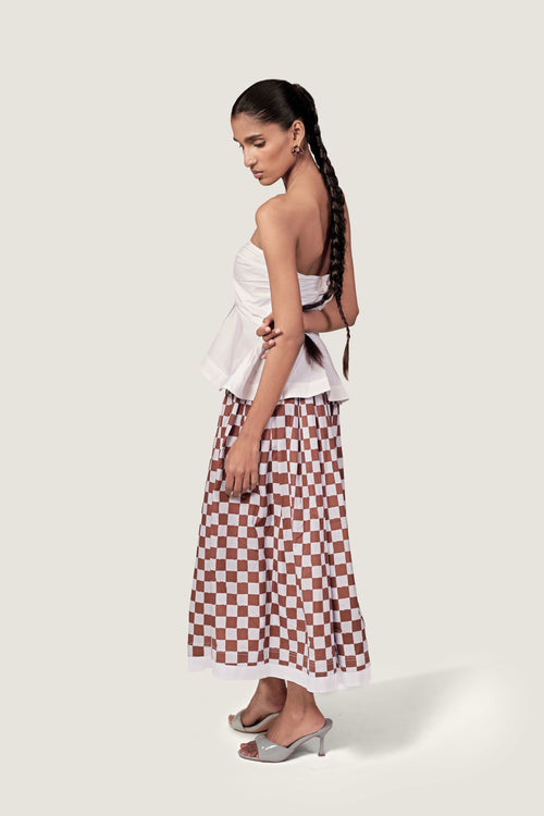 BOW WHITE TOP WITH PLEATED CHECKERED SKIRT CORD SET