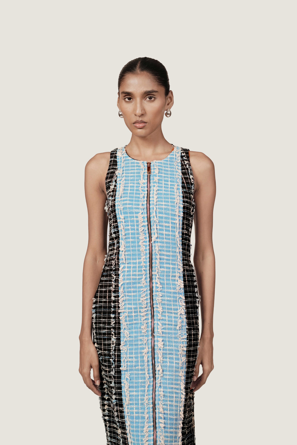 PANELLED BLACK JACQUARD DRESS