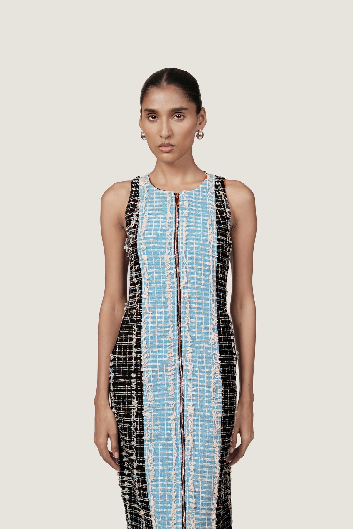 PANELLED BLACK JACQUARD DRESS