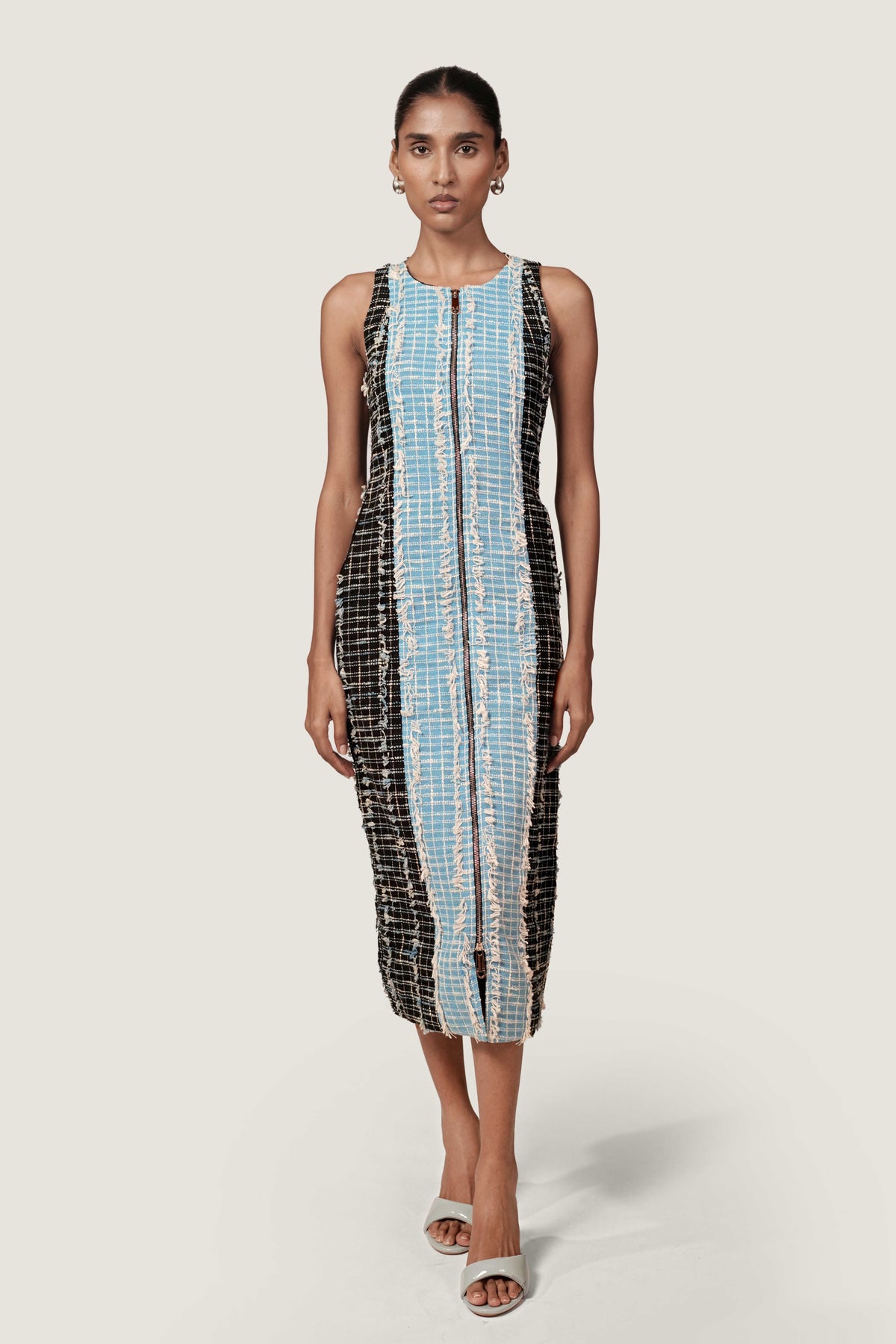 PANELLED BLACK JACQUARD DRESS