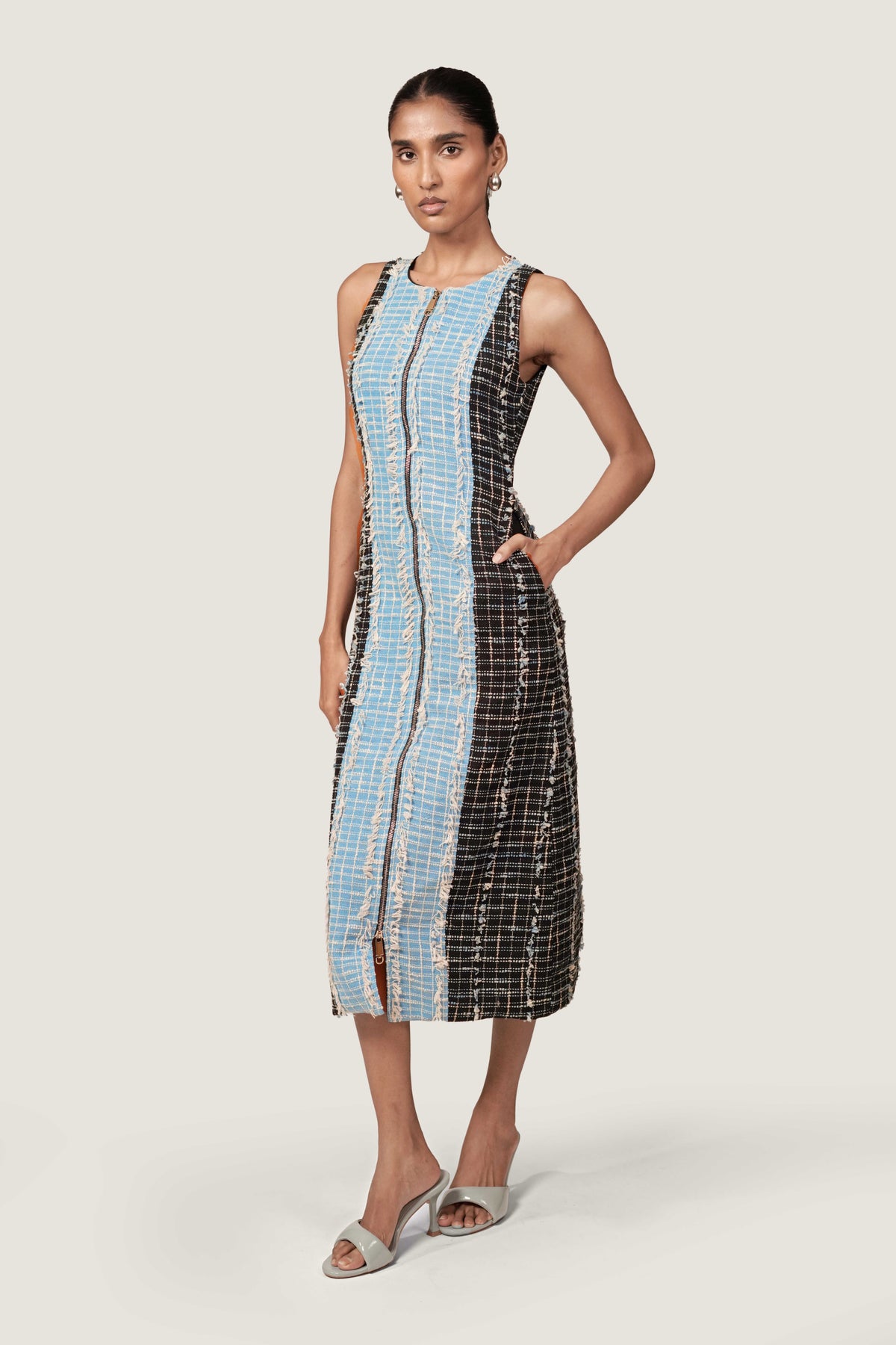 PANELLED BLACK JACQUARD DRESS