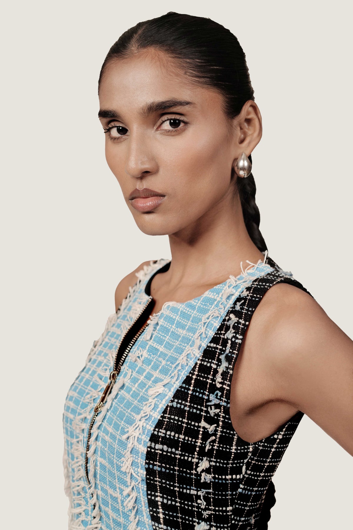 PANELLED BLACK JACQUARD DRESS