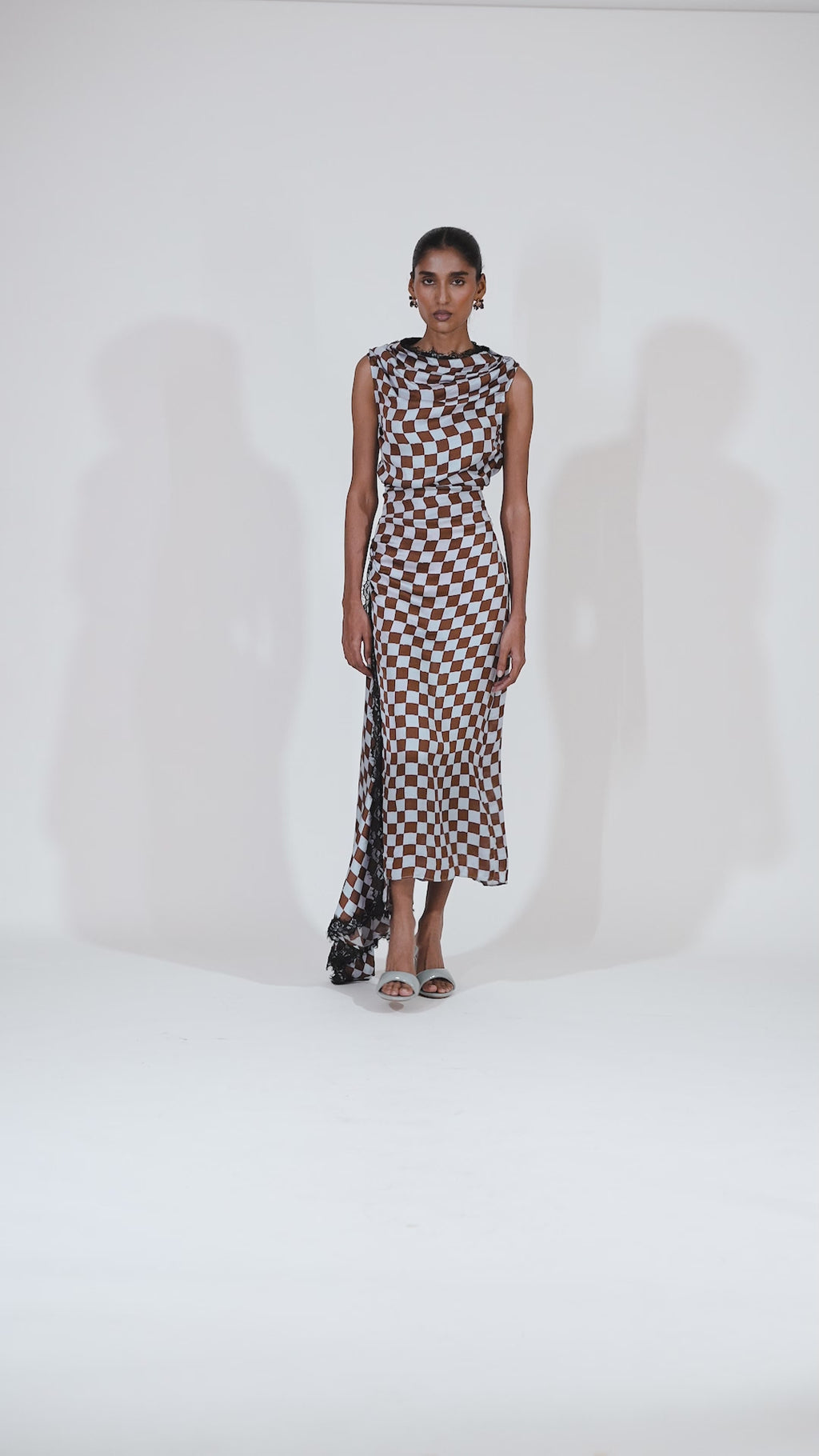 LACE TRIM CHECKERED SATIN DRESS