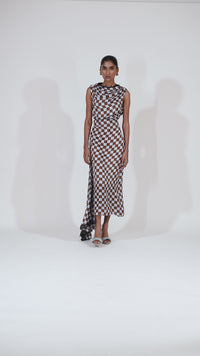 LACE TRIM CHECKERED SATIN DRESS