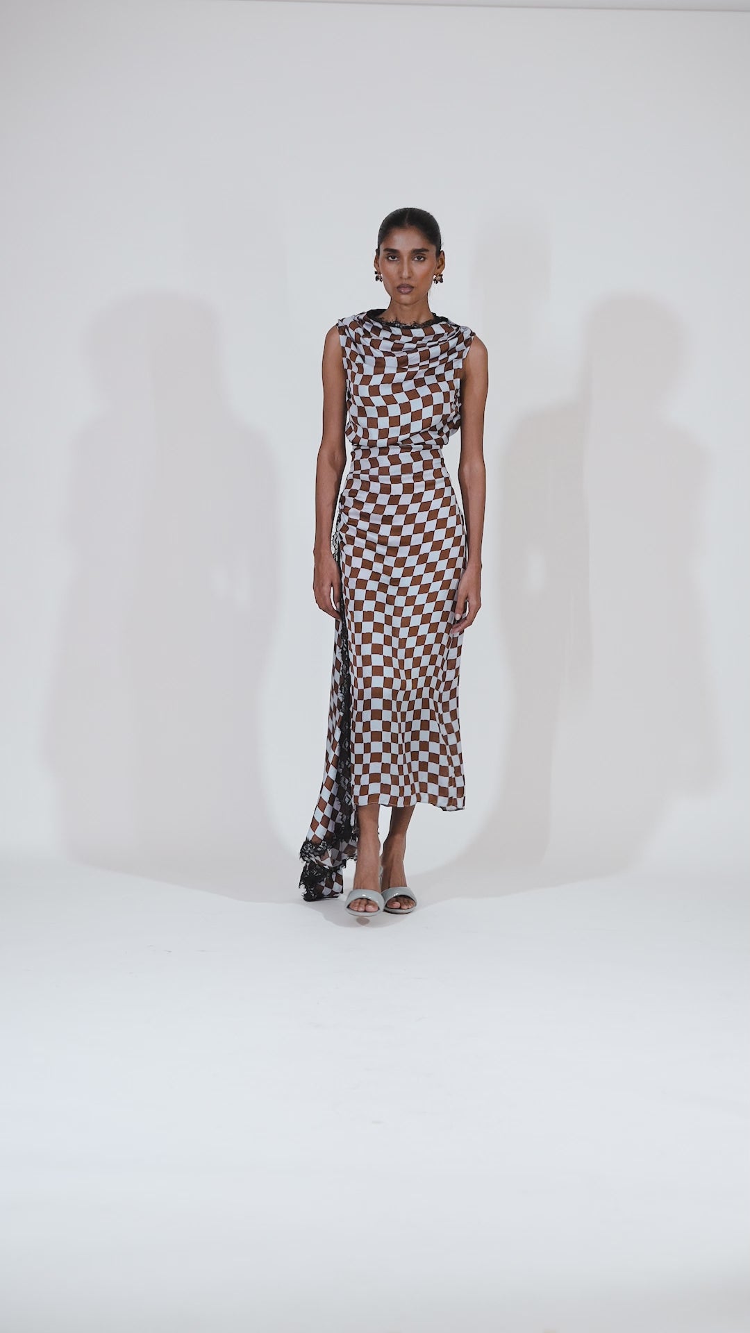 LACE TRIM CHECKERED SATIN DRESS